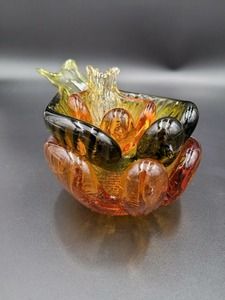 VTG Art Glass Stacking Bird Candy Dish Ashtray Amber Olive Green Retro MCM